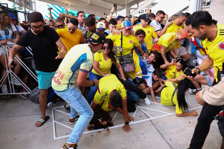 Thousands of fans attempted to force their way into the Copa América 2024 final between Argentina and Colombia at Hard Rock Stadium on July 14, 2024, in Miami Gardens, Florida.